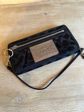 Coach Black Signature Wristlet with Metallic Gold Patch